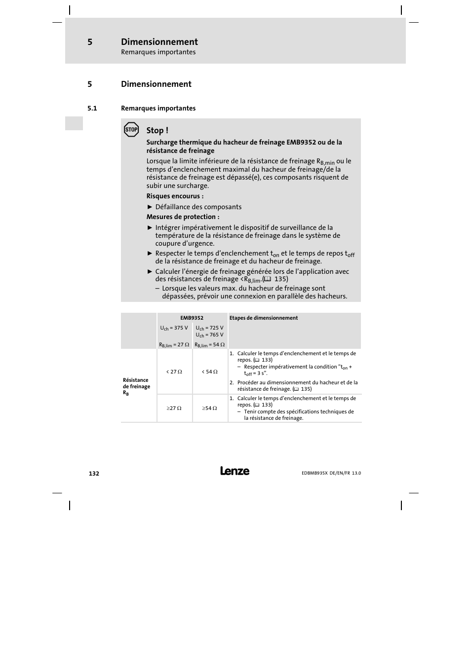 Dimensionnement, Remarques importantes, 5dimensionnement | Stop | Lenze EMB9352−C User Manual | Page 132 / 174