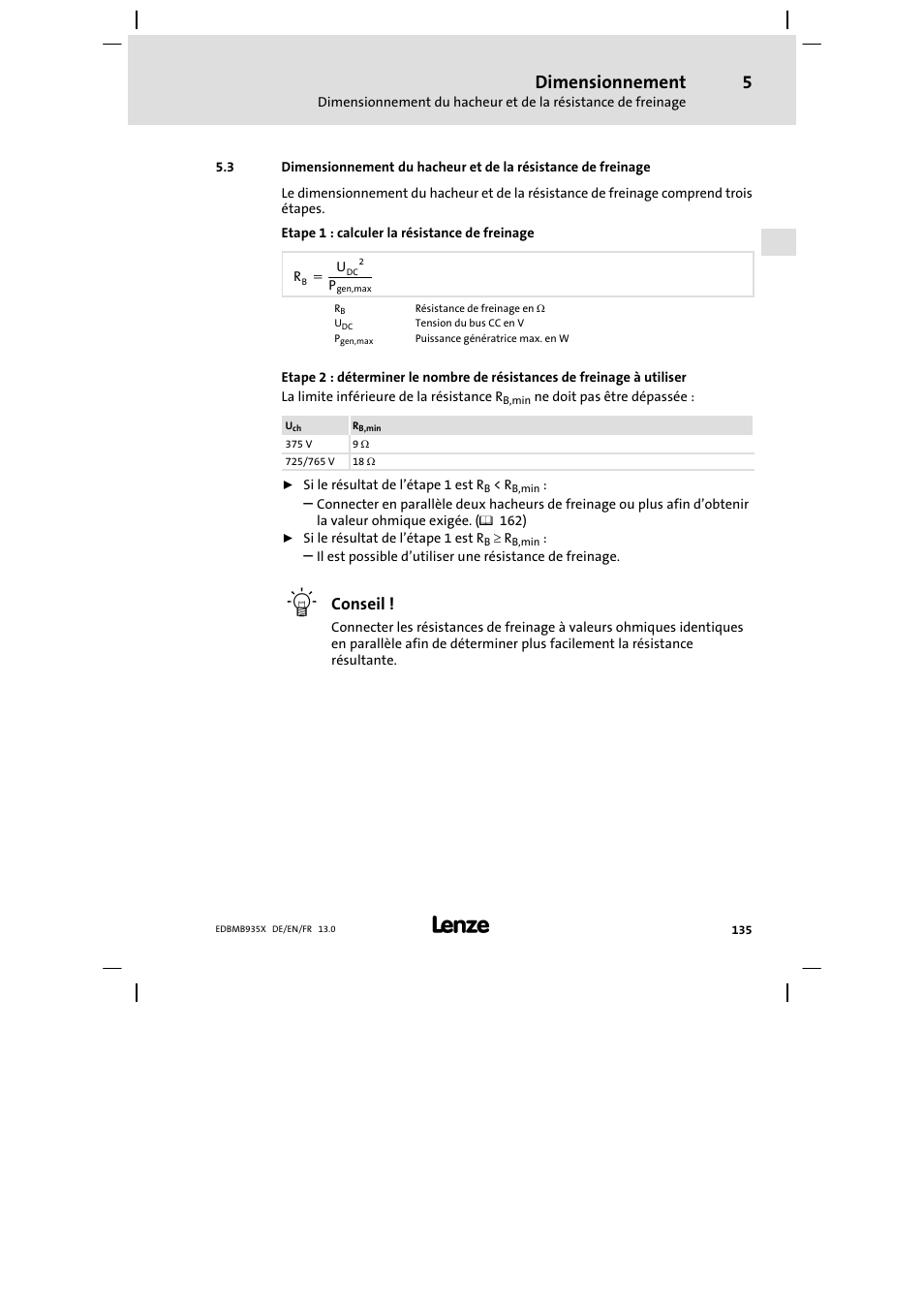 Dimensionnement, Conseil | Lenze EMB9352−C User Manual | Page 135 / 174