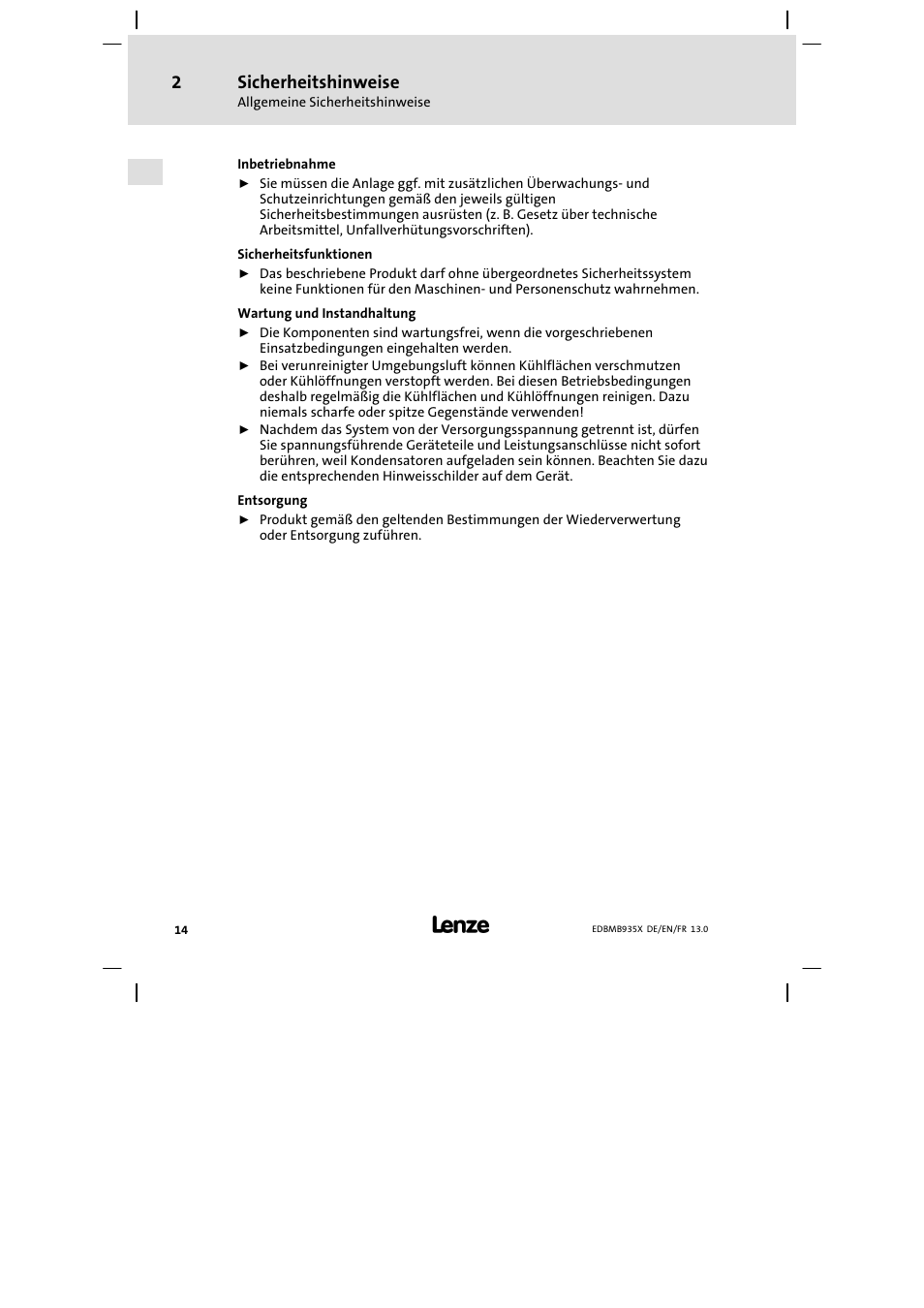 Sicherheitshinweise | Lenze EMB9352−C User Manual | Page 14 / 174