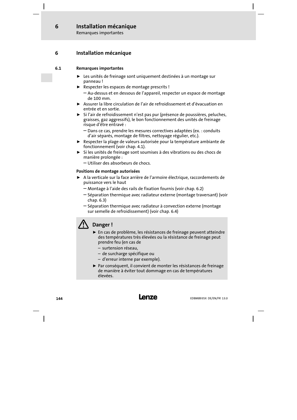 Installation mécanique, Remarques importantes | Lenze EMB9352−C User Manual | Page 144 / 174