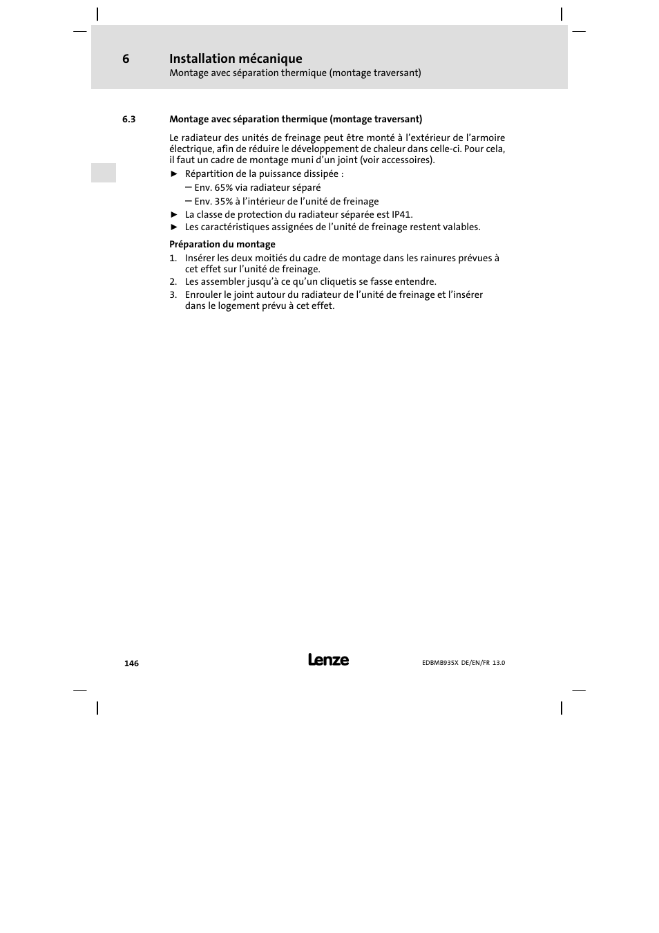 Chap. 6.3, Installation mécanique | Lenze EMB9352−C User Manual | Page 146 / 174