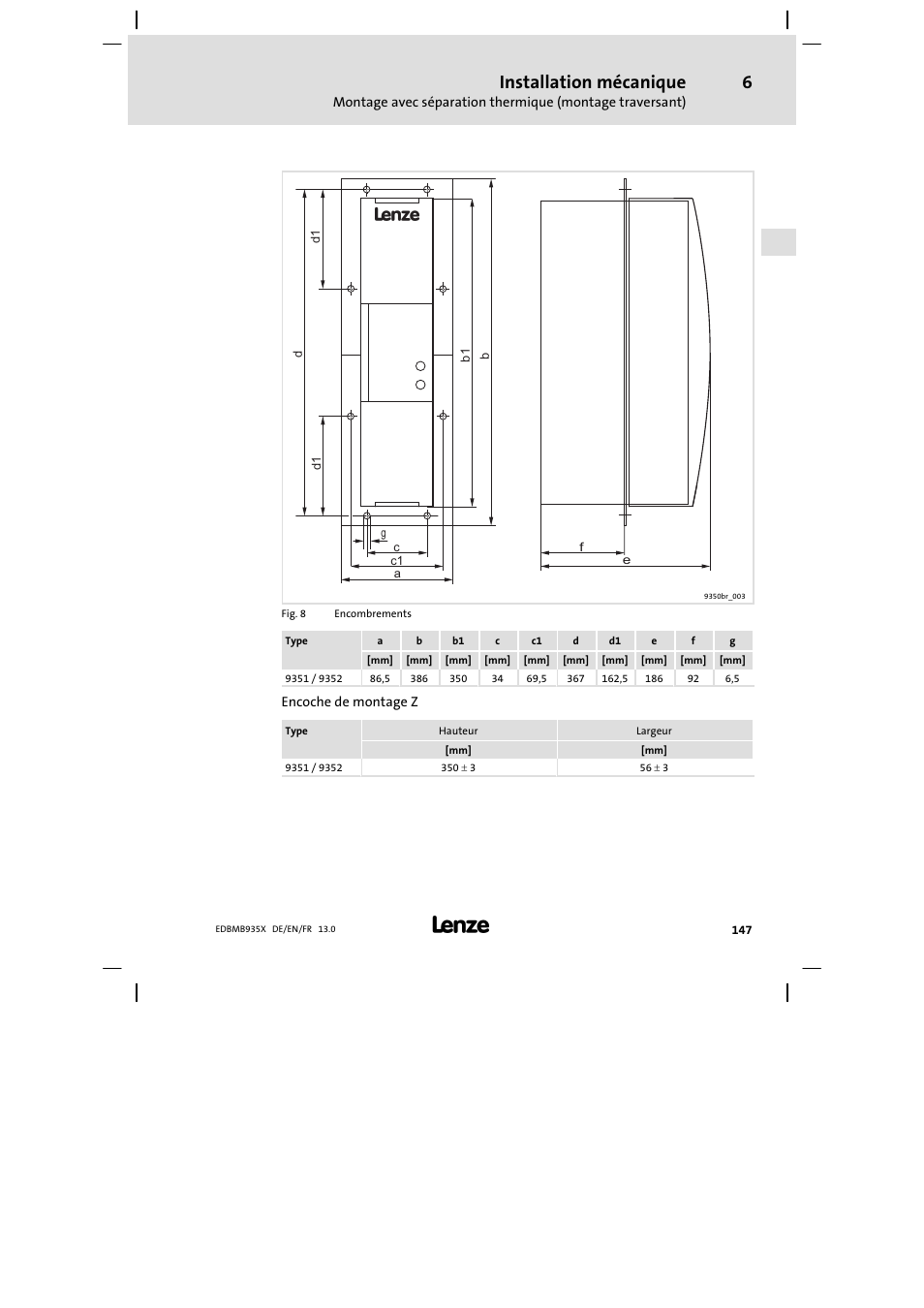 Installation mécanique | Lenze EMB9352−C User Manual | Page 147 / 174