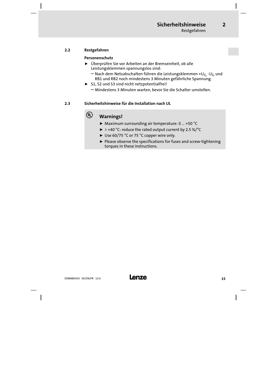 Restgefahren, Sicherheitshinweise für die installation nach ul, Sicherheitshinweise | Lenze EMB9352−C User Manual | Page 15 / 174
