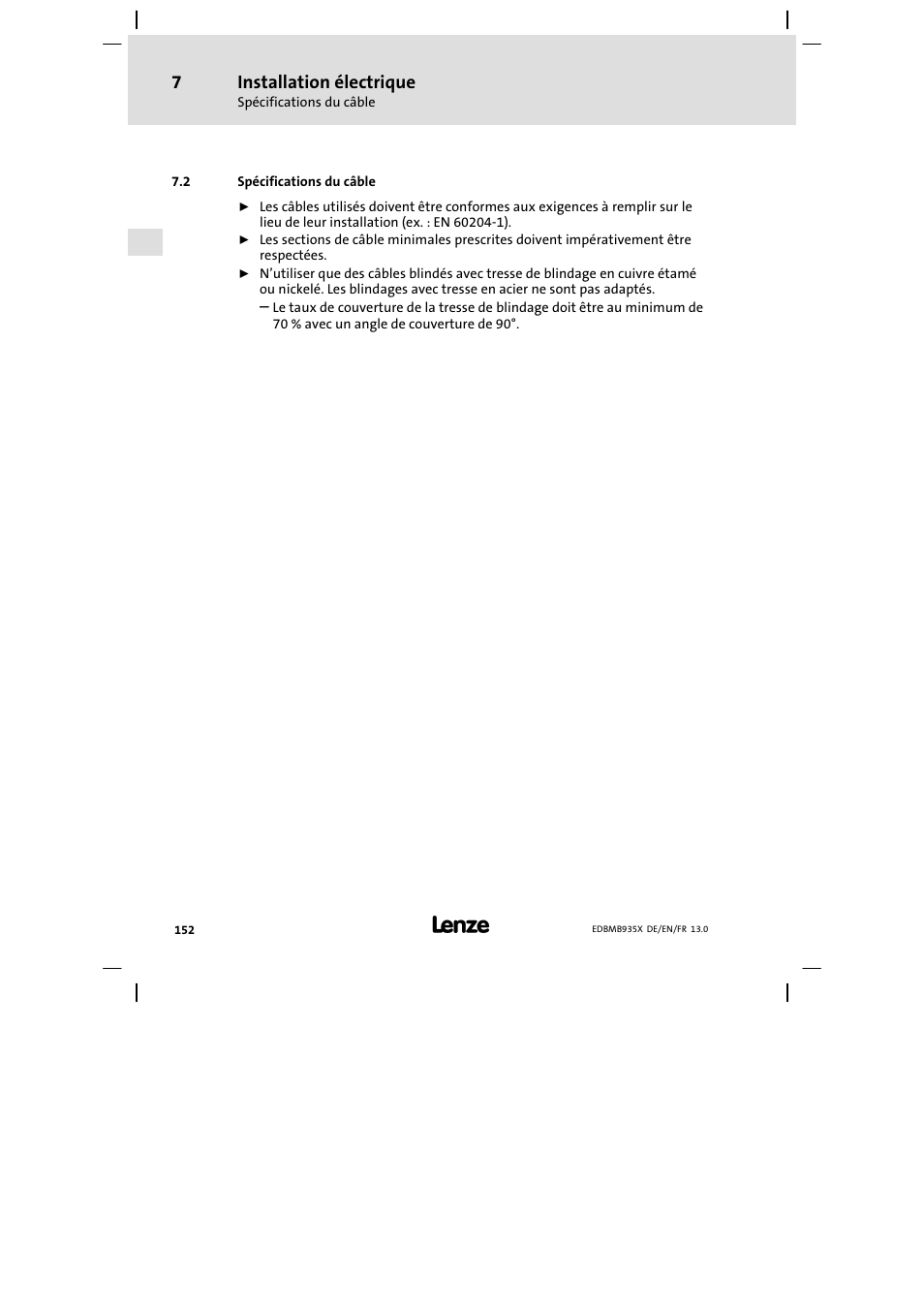 Spécifications du câble, Installation électrique | Lenze EMB9352−C User Manual | Page 152 / 174