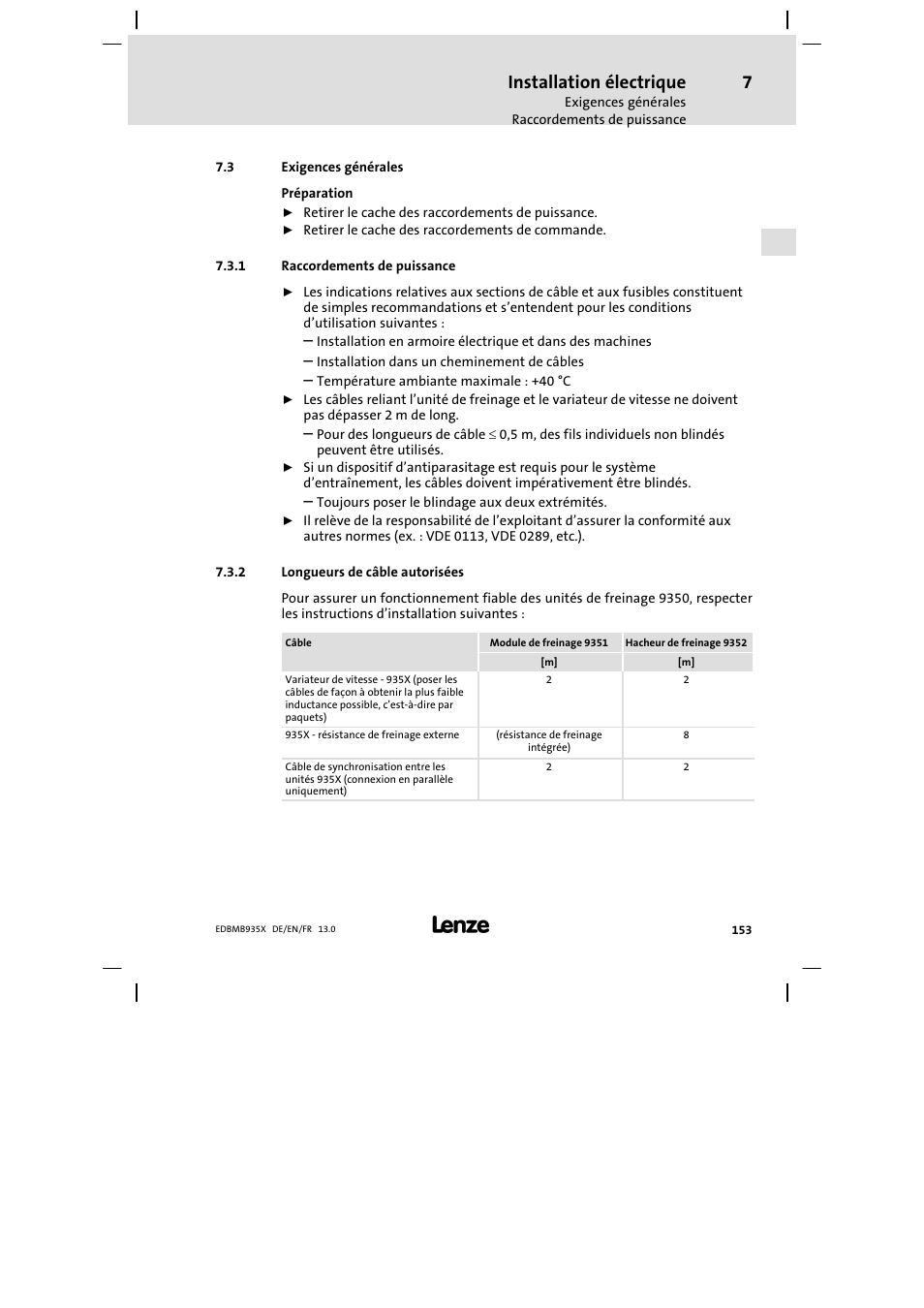 Exigences générales, Raccordements de puissance, Longueurs de câble autorisées | Installation électrique | Lenze EMB9352−C User Manual | Page 153 / 174