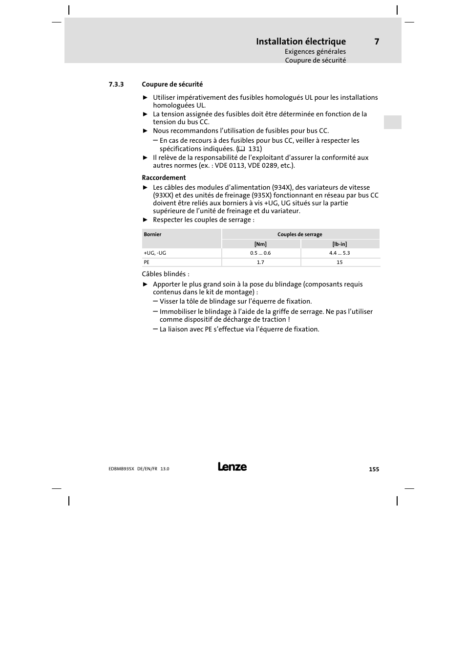 Coupure de sécurité, Installation électrique | Lenze EMB9352−C User Manual | Page 155 / 174