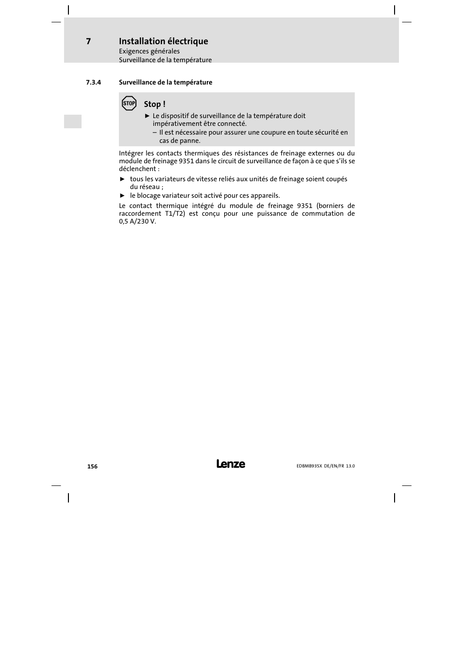 Surveillance de la température, Installation électrique | Lenze EMB9352−C User Manual | Page 156 / 174