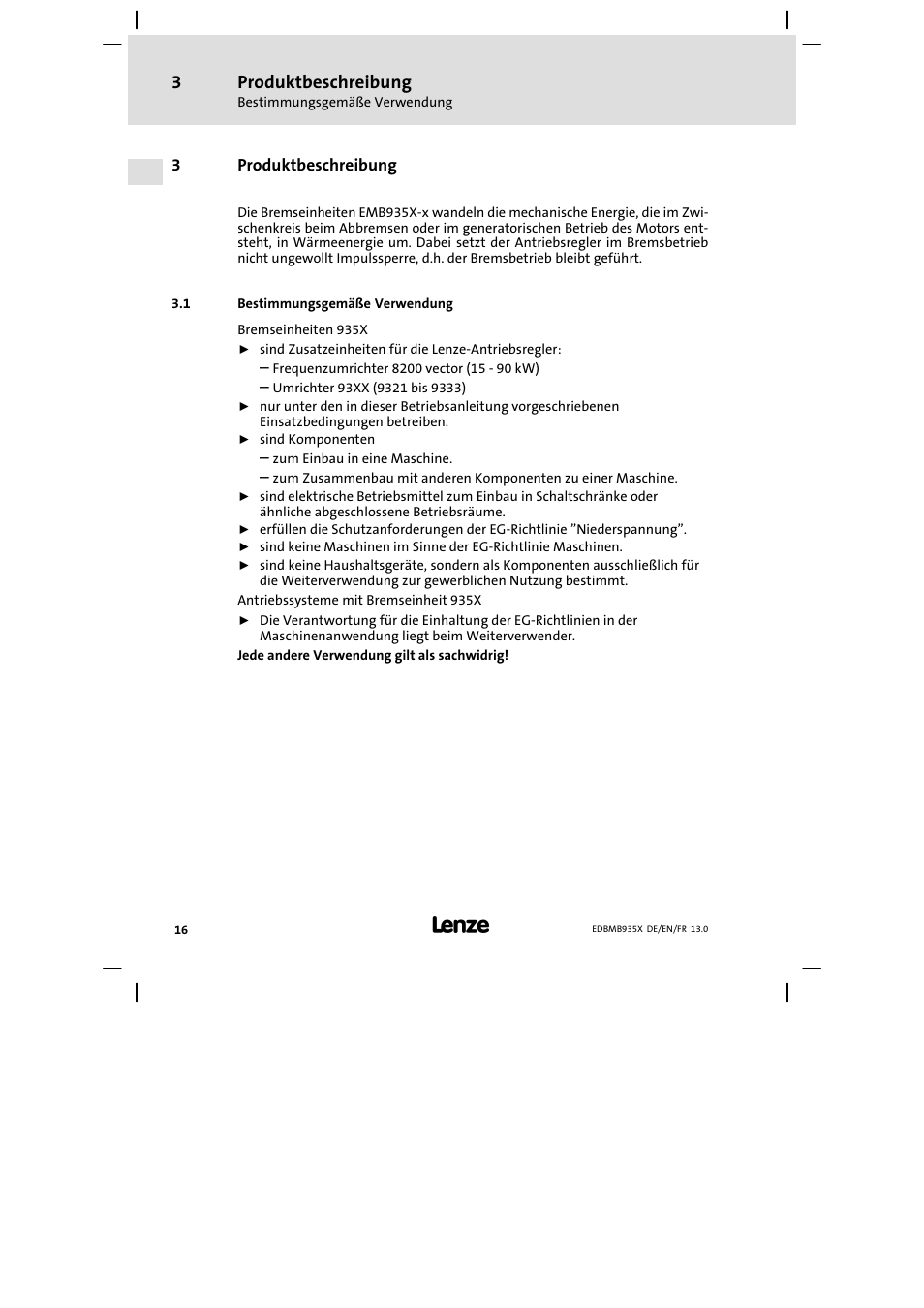 Produktbeschreibung, Bestimmungsgemäße verwendung | Lenze EMB9352−C User Manual | Page 16 / 174