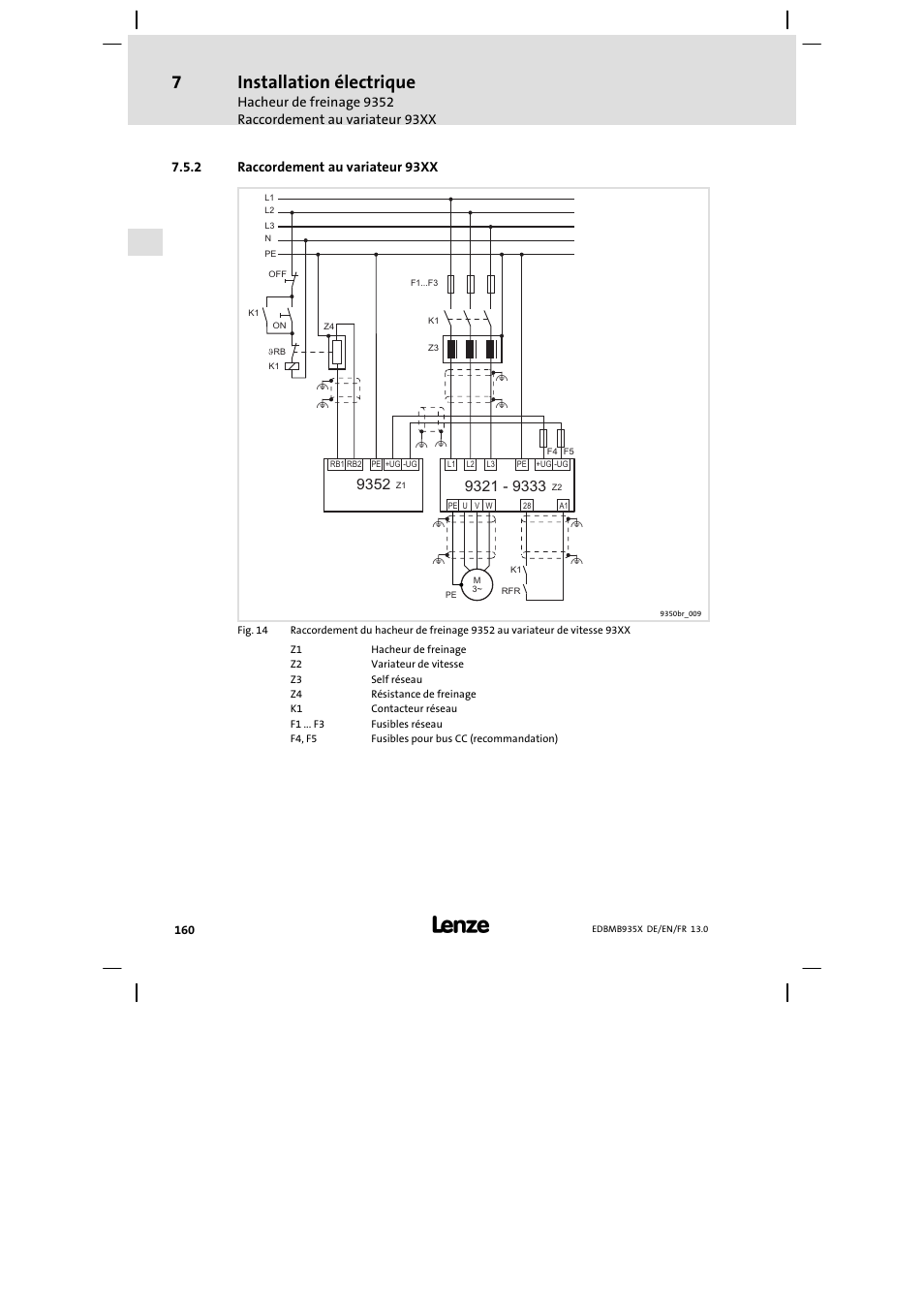 Raccordement au variateur 93xx, Installation électrique | Lenze EMB9352−C User Manual | Page 160 / 174