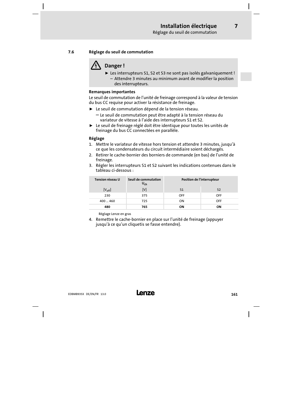 Réglage du seuil de commutation, Installation électrique, Danger | Lenze EMB9352−C User Manual | Page 161 / 174