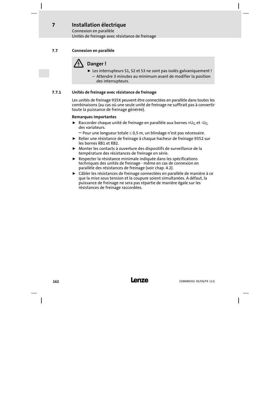 Connexion en parallèle, Unités de freinage avec résistance de freinage, Installation électrique | Lenze EMB9352−C User Manual | Page 162 / 174