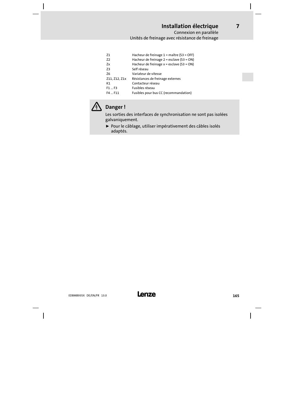 Installation électrique, Danger | Lenze EMB9352−C User Manual | Page 165 / 174