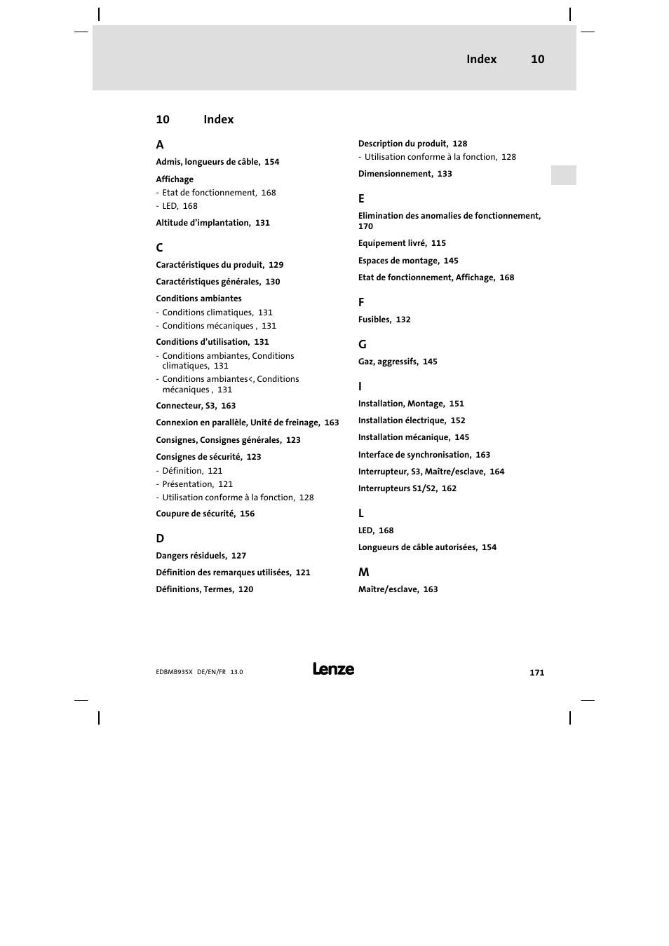 Index, Index 10, 10 index a | Lenze EMB9352−C User Manual | Page 171 / 174