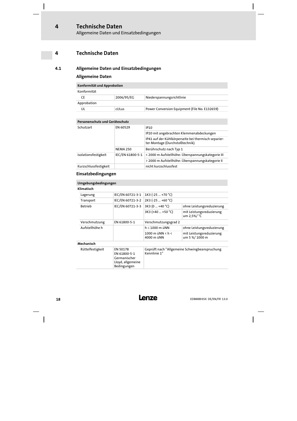 Technische daten, Allgemeine daten und einsatzbedingungen, 4technische daten | Lenze EMB9352−C User Manual | Page 18 / 174