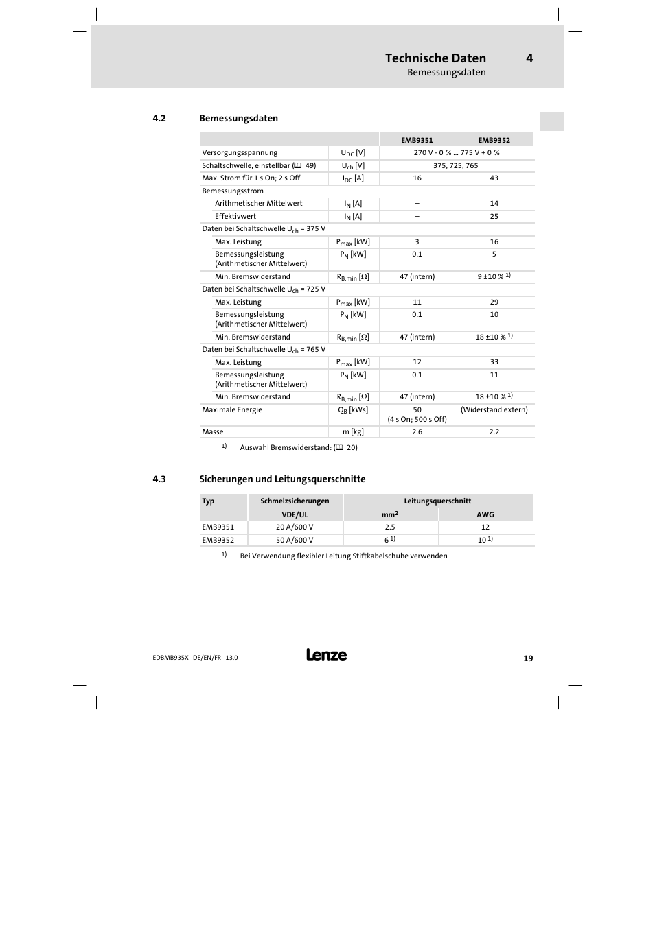 Bemessungsdaten, Sicherungen und leitungsquerschnitte, Technische daten | Lenze EMB9352−C User Manual | Page 19 / 174
