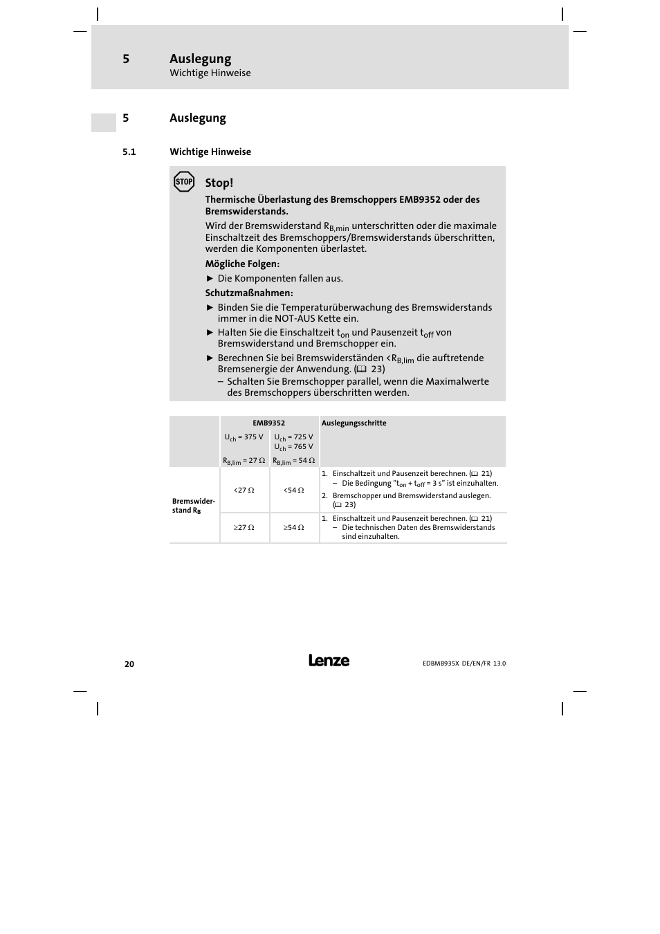 Auslegung, Wichtige hinweise, 5auslegung | Stop | Lenze EMB9352−C User Manual | Page 20 / 174