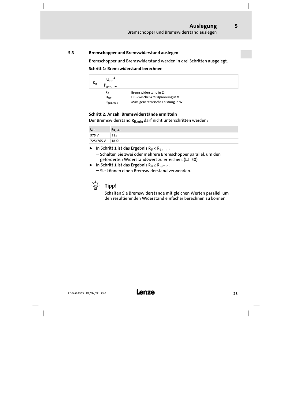 Bremschopper und bremswiderstand auslegen, Auslegung, Tipp | Lenze EMB9352−C User Manual | Page 23 / 174