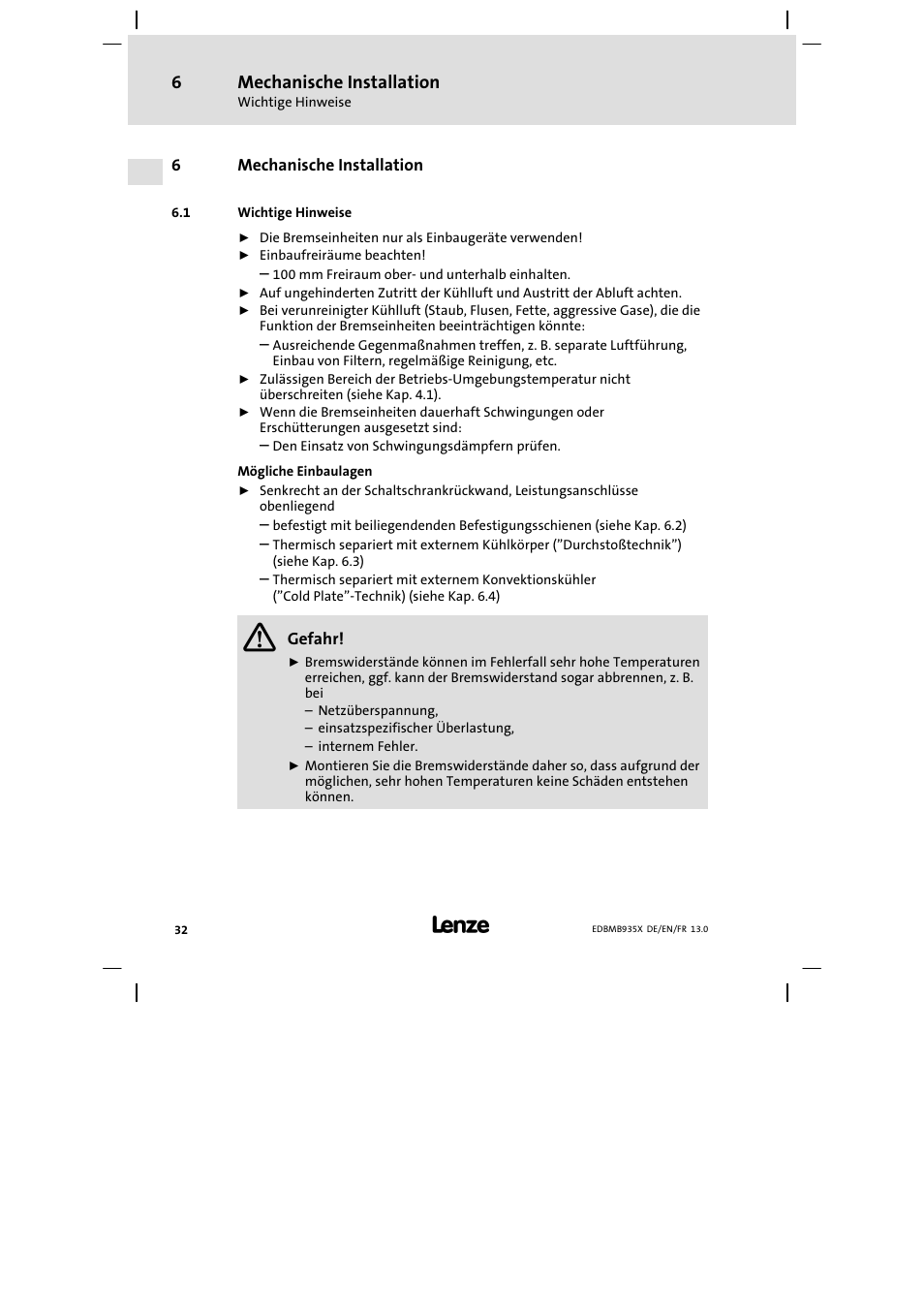 Mechanische installation, Wichtige hinweise | Lenze EMB9352−C User Manual | Page 32 / 174
