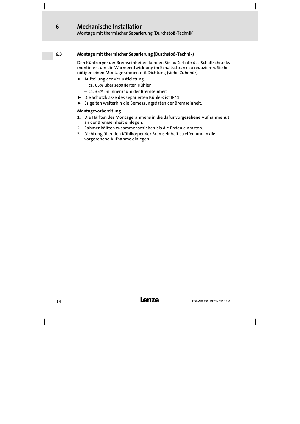 Siehe kap. 6.3, Mechanische installation | Lenze EMB9352−C User Manual | Page 34 / 174