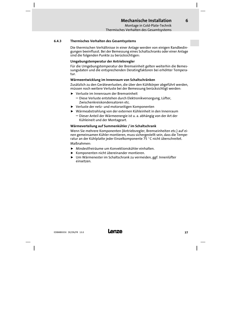 Thermisches verhalten des gesamtsystems, Mechanische installation | Lenze EMB9352−C User Manual | Page 37 / 174