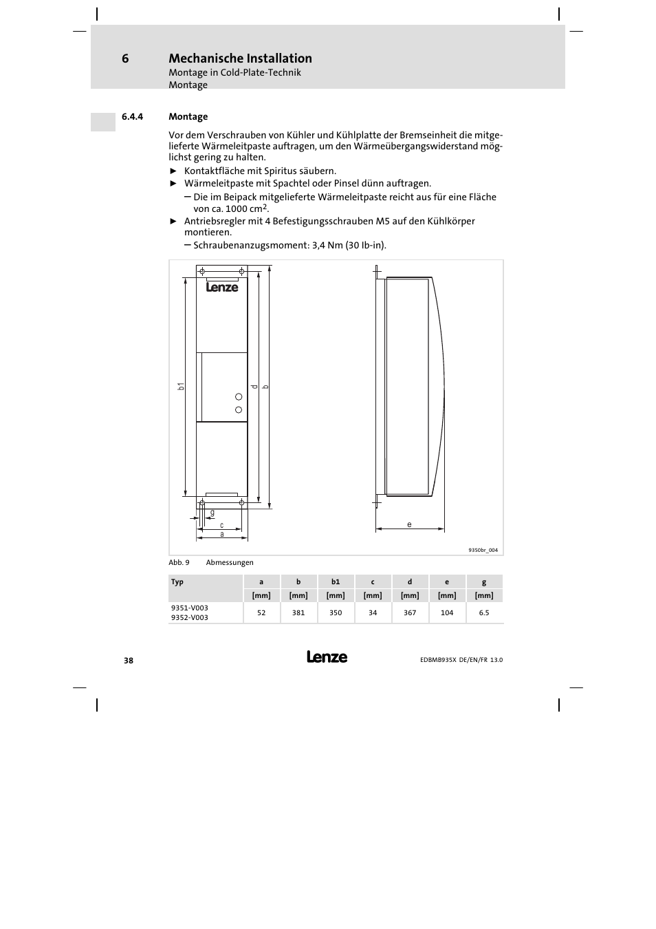 Montage, Mechanische installation | Lenze EMB9352−C User Manual | Page 38 / 174