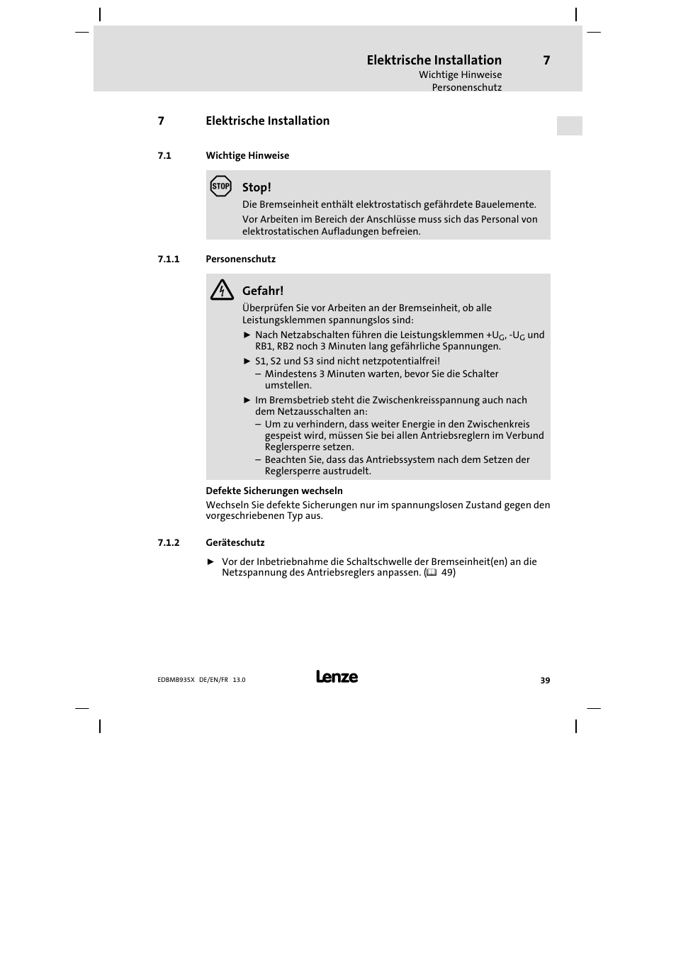 Elektrische installation, Wichtige hinweise, Personenschutz | Geräteschutz | Lenze EMB9352−C User Manual | Page 39 / 174