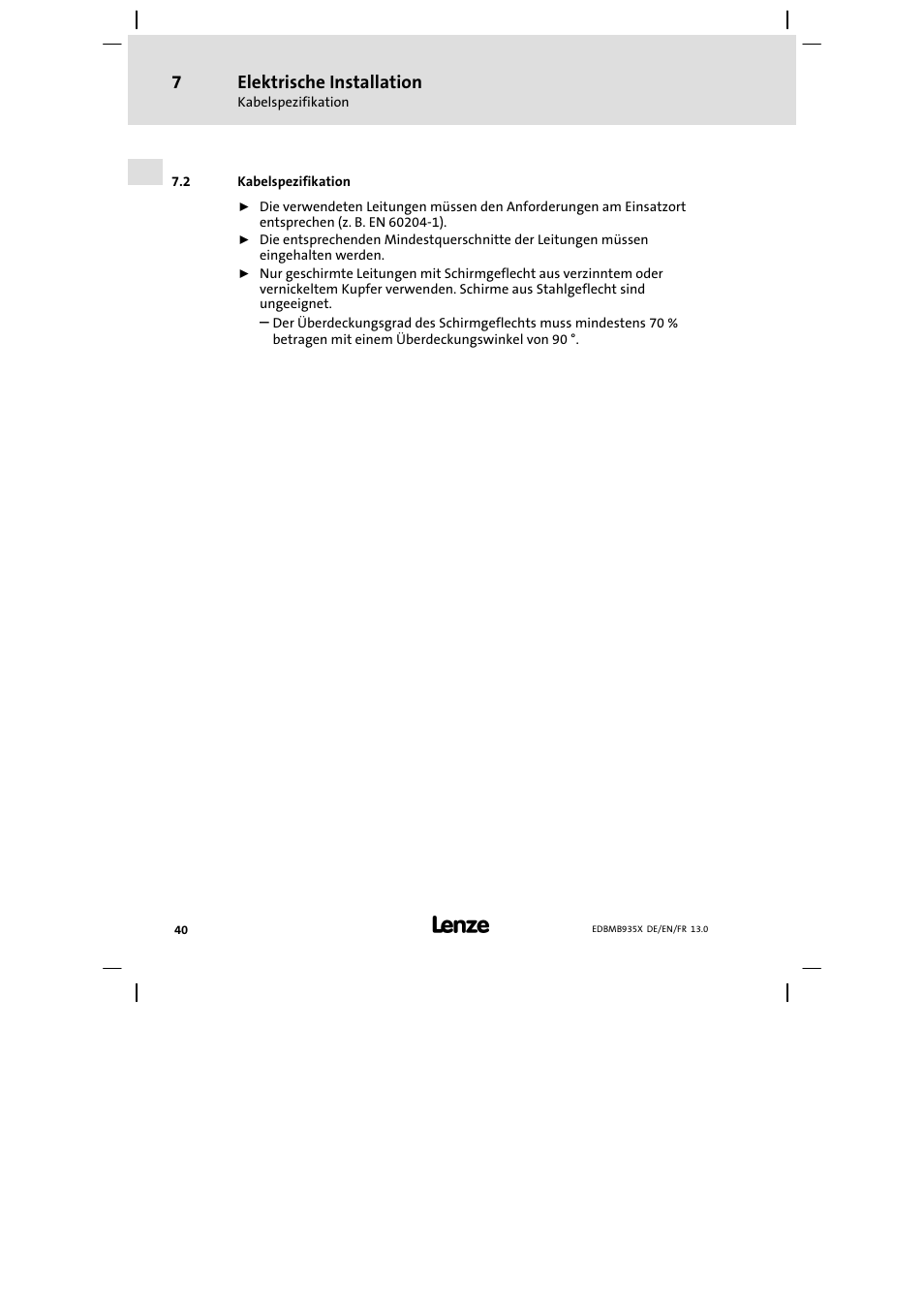 Kabelspezifikation, Elektrische installation | Lenze EMB9352−C User Manual | Page 40 / 174