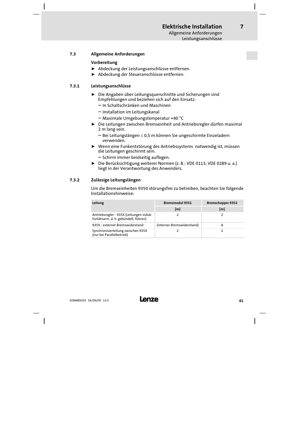Allgemeine anforderungen, Leistungsanschlüsse, Zulässige leitungslängen | Elektrische installation | Lenze EMB9352−C User Manual | Page 41 / 174