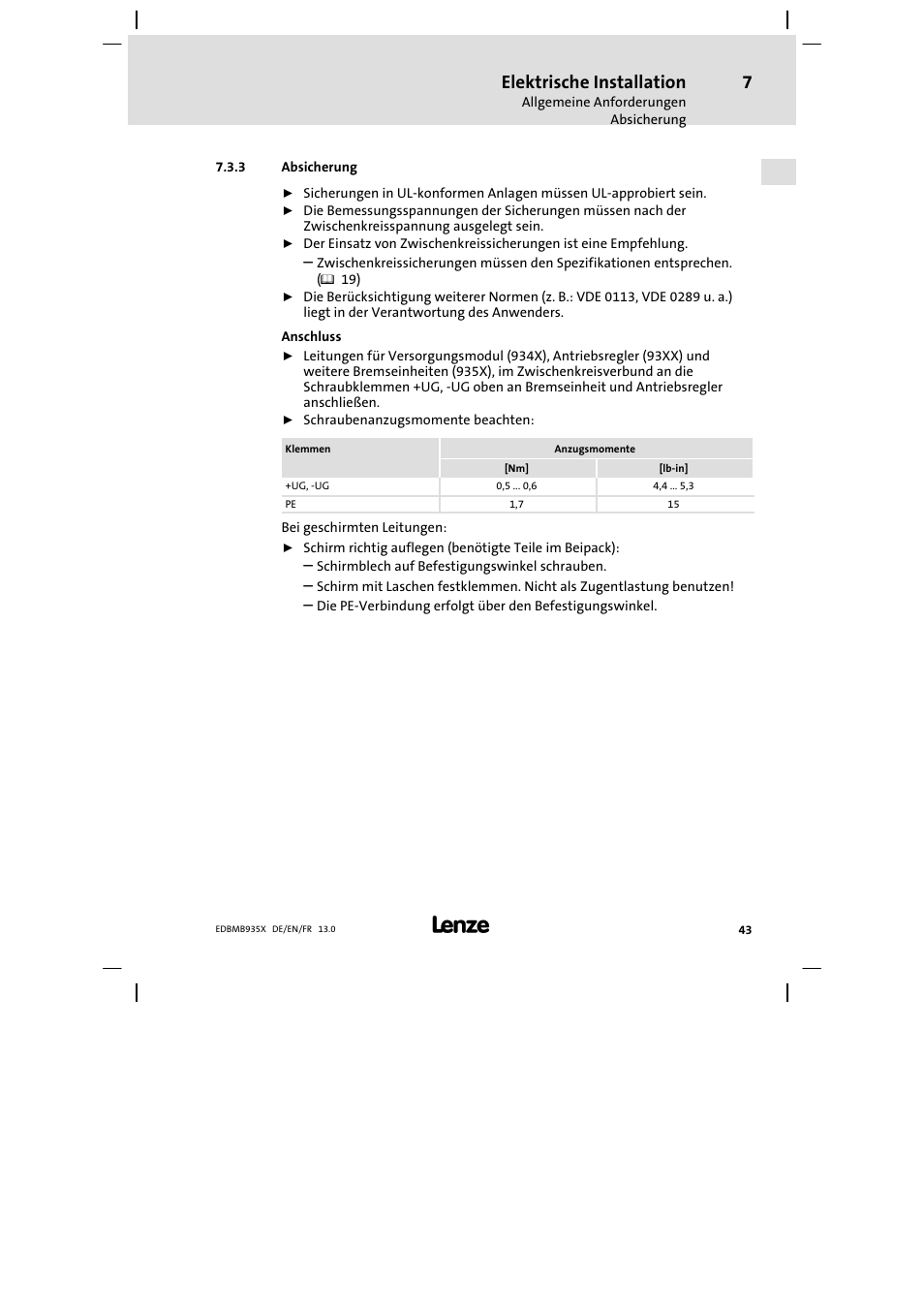 Absicherung, Elektrische installation | Lenze EMB9352−C User Manual | Page 43 / 174