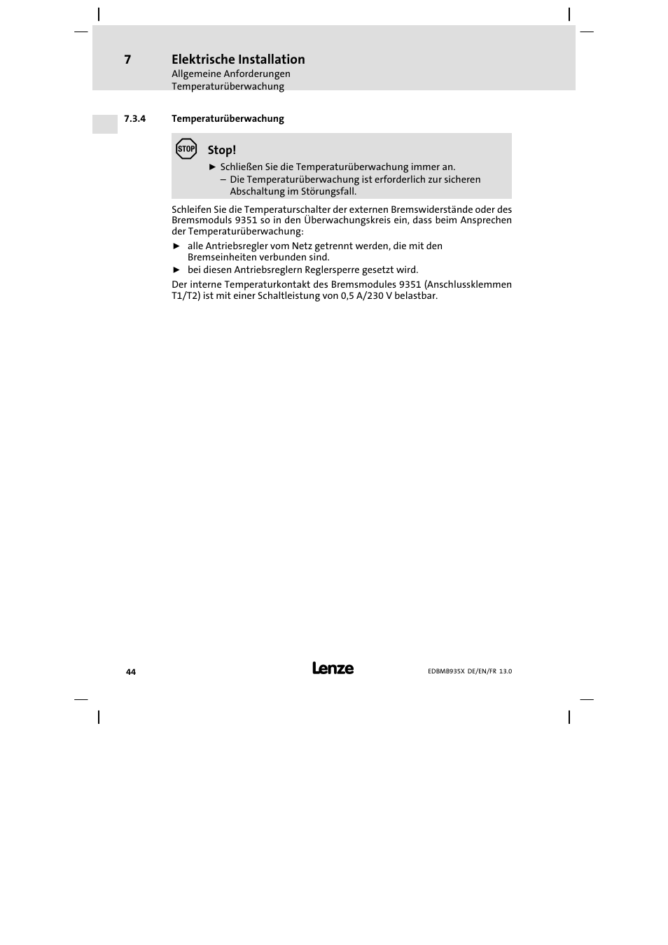 Temperaturüberwachung, Elektrische installation | Lenze EMB9352−C User Manual | Page 44 / 174