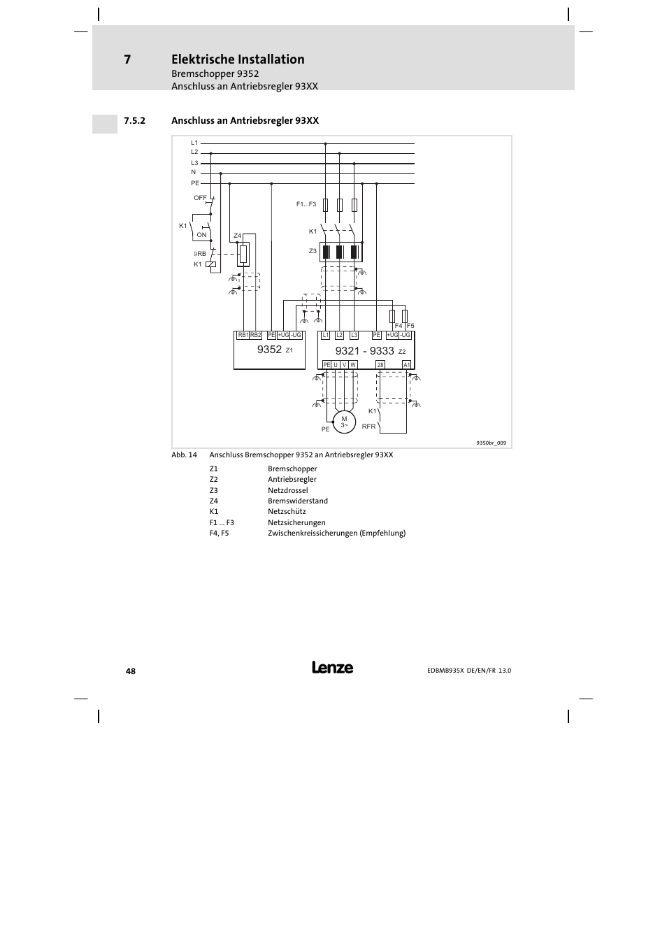 Anschluss an antriebsregler 93xx, Elektrische installation | Lenze EMB9352−C User Manual | Page 48 / 174