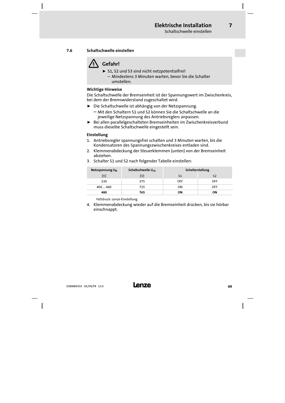 Schaltschwelle einstellen, Elektrische installation, Gefahr | Lenze EMB9352−C User Manual | Page 49 / 174