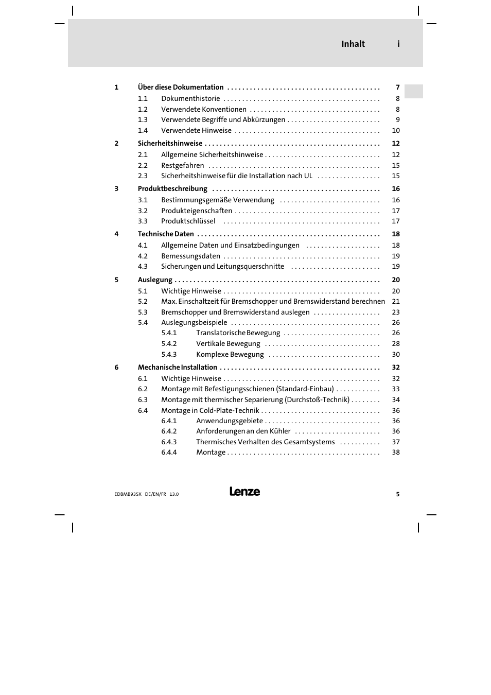 Inhalt | Lenze EMB9352−C User Manual | Page 5 / 174