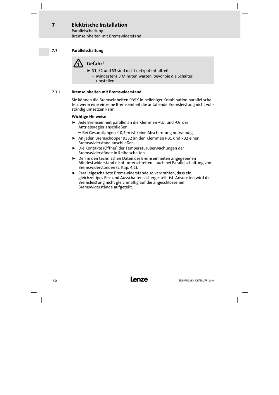 Parallelschaltung, Bremseinheiten mit bremswiderstand, Elektrische installation | Lenze EMB9352−C User Manual | Page 50 / 174