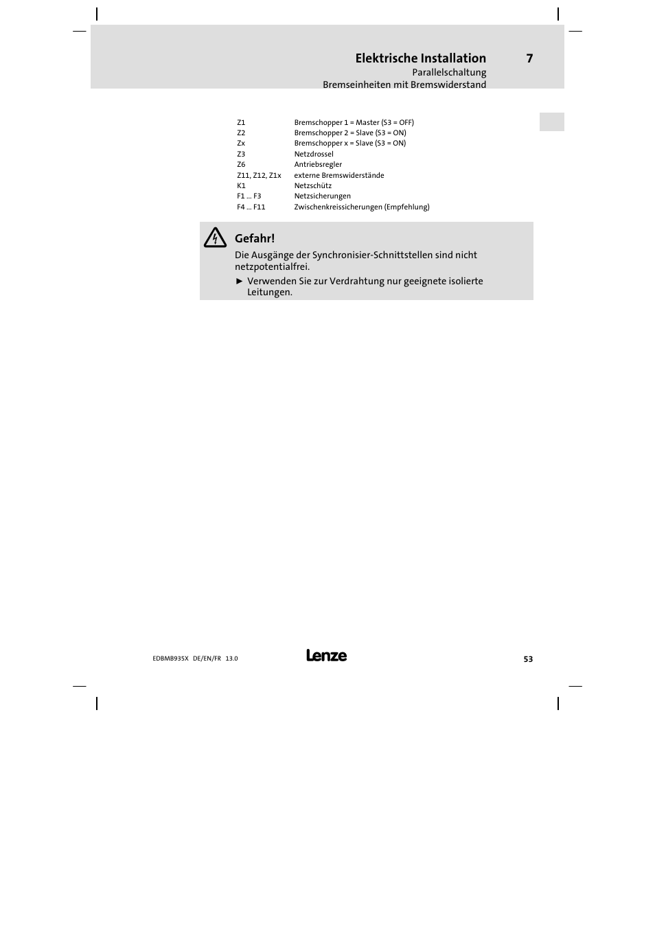 Elektrische installation, Gefahr | Lenze EMB9352−C User Manual | Page 53 / 174