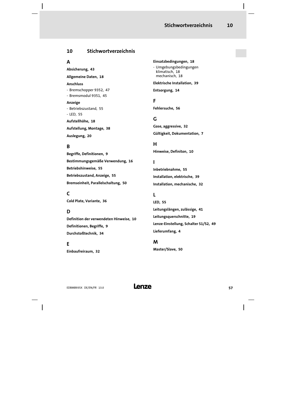 Stichwortverzeichnis, Stichwortverzeichnis 10, 10 stichwortverzeichnis a | Lenze EMB9352−C User Manual | Page 57 / 174