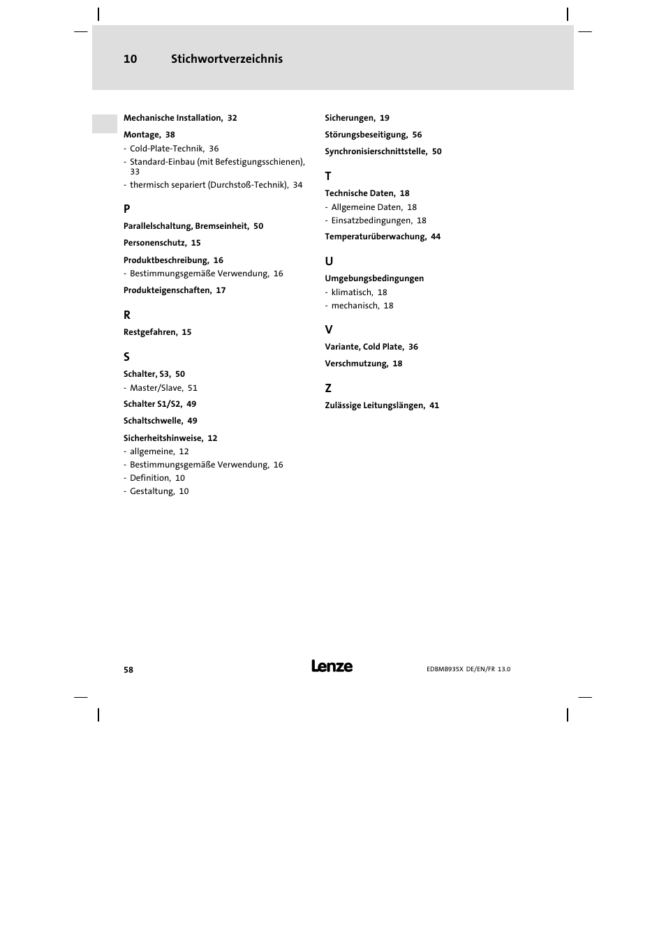 Stichwortverzeichnis 10 | Lenze EMB9352−C User Manual | Page 58 / 174