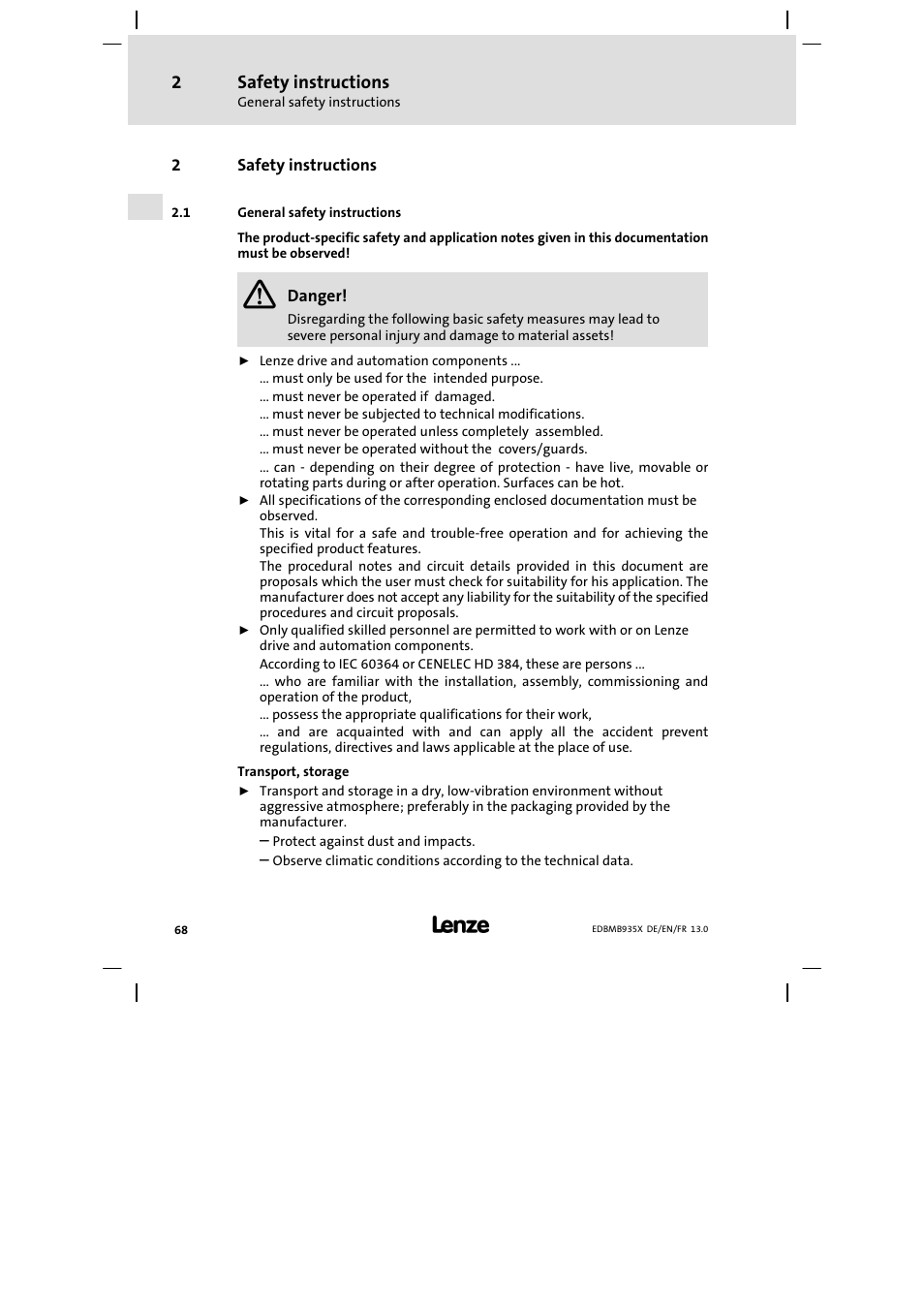 Safety instructions, General safety instructions | Lenze EMB9352−C User Manual | Page 68 / 174