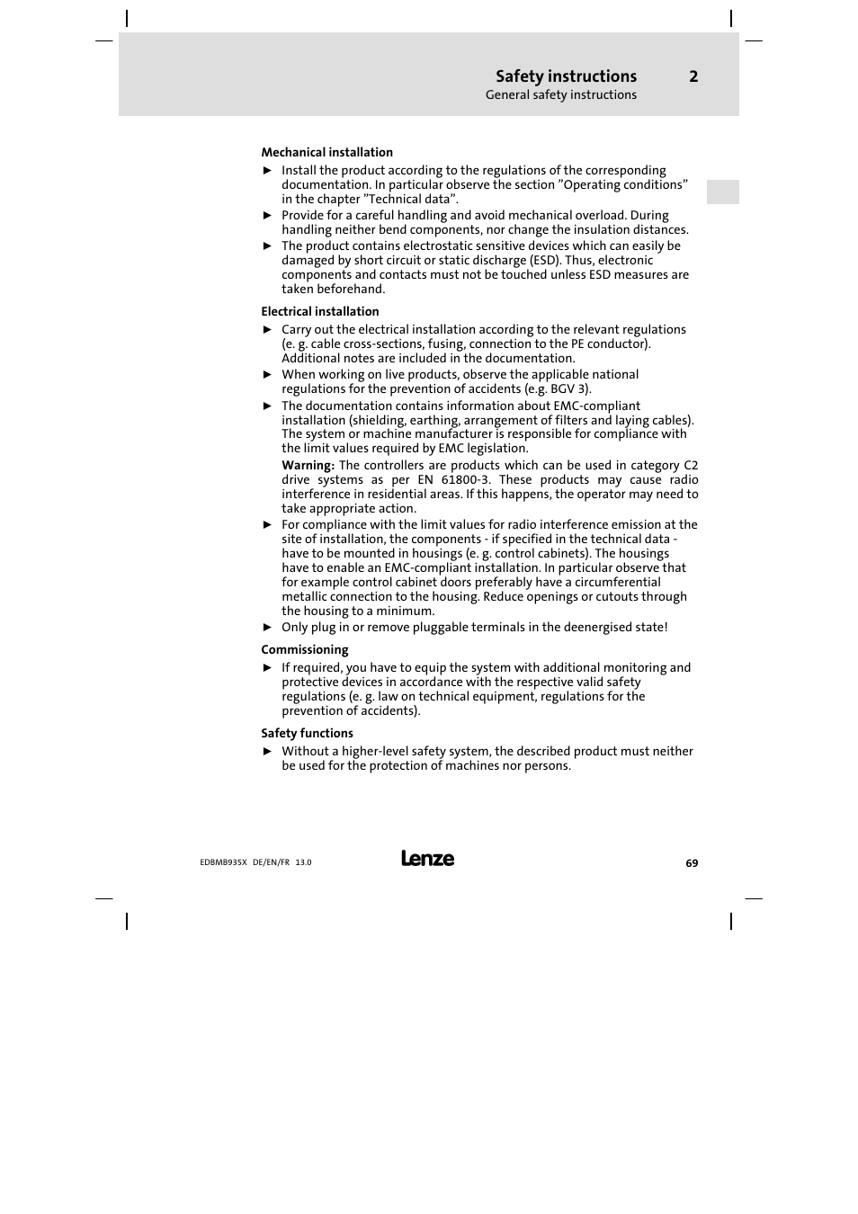 Safety instructions | Lenze EMB9352−C User Manual | Page 69 / 174