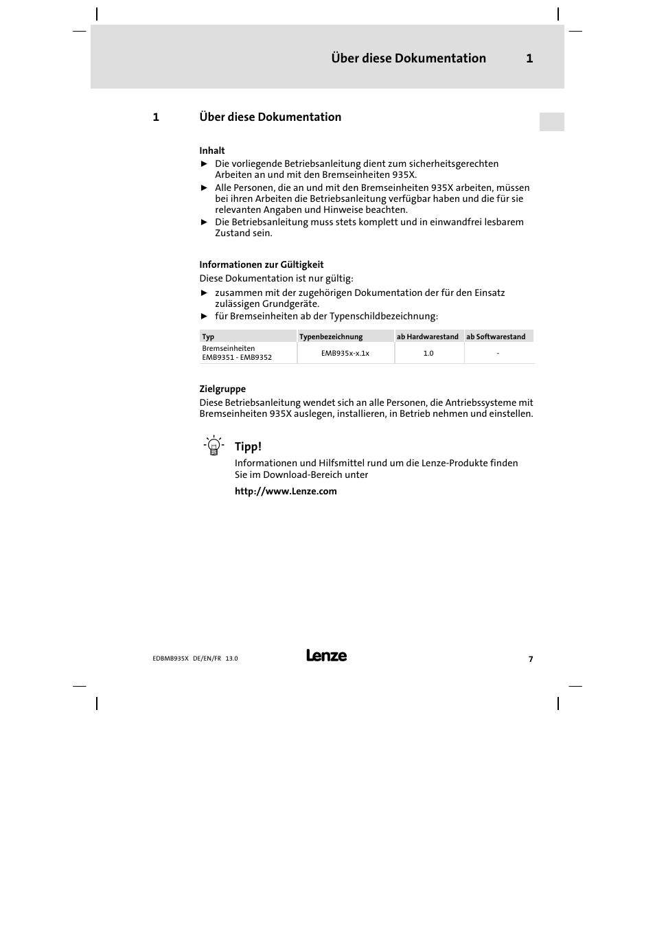 Über diese dokumentation, Über diese dokumentation 1 | Lenze EMB9352−C User Manual | Page 7 / 174