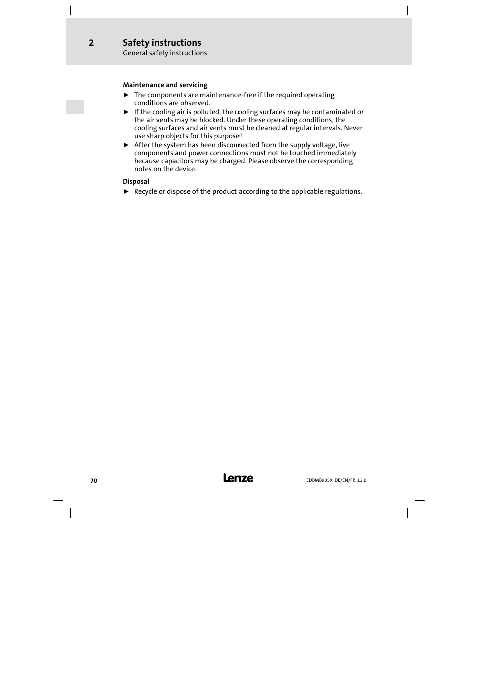 Safety instructions | Lenze EMB9352−C User Manual | Page 70 / 174