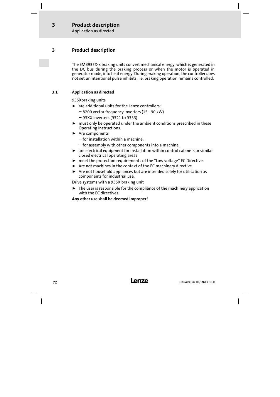 Product description, Application as directed | Lenze EMB9352−C User Manual | Page 72 / 174