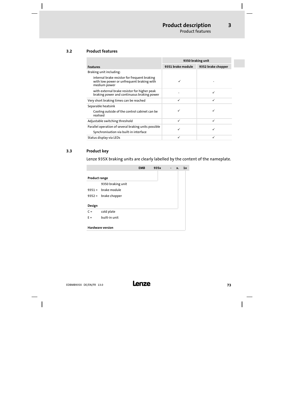 Product features, Product key, Product description | Lenze EMB9352−C User Manual | Page 73 / 174