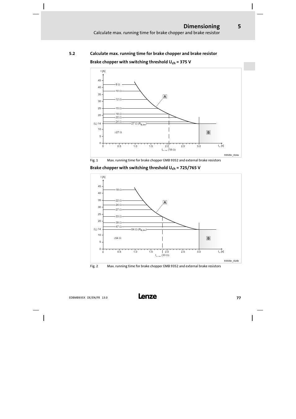 Dimensioning, 375 v, Brake chopper with switching threshold u | Lenze EMB9352−C User Manual | Page 77 / 174
