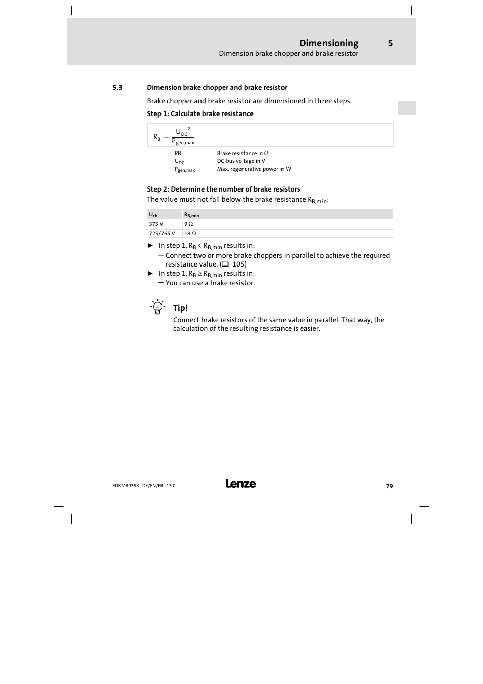 Dimension brake chopper and brake resistor, Dimensioning | Lenze EMB9352−C User Manual | Page 79 / 174
