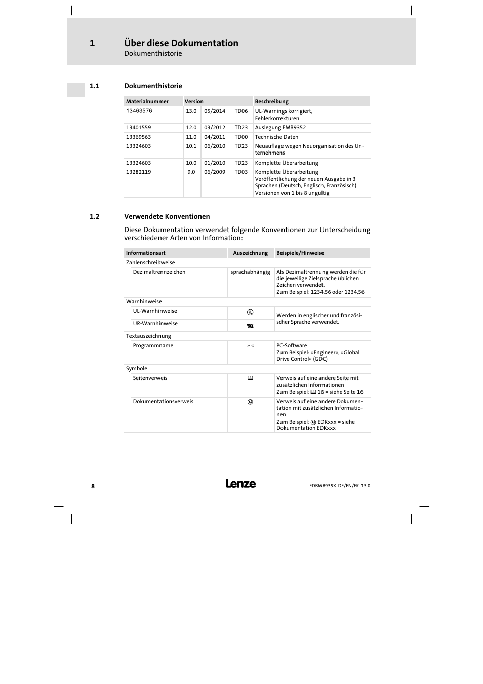 Dokumenthistorie, Verwendete konventionen, Über diese dokumentation | Lenze EMB9352−C User Manual | Page 8 / 174
