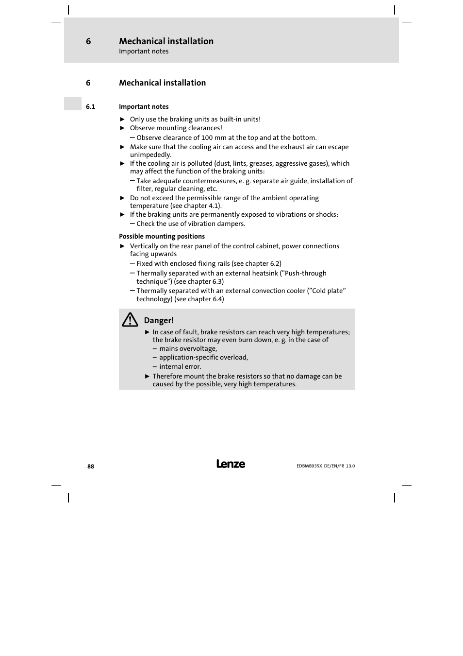 Mechanical installation, Important notes | Lenze EMB9352−C User Manual | Page 88 / 174