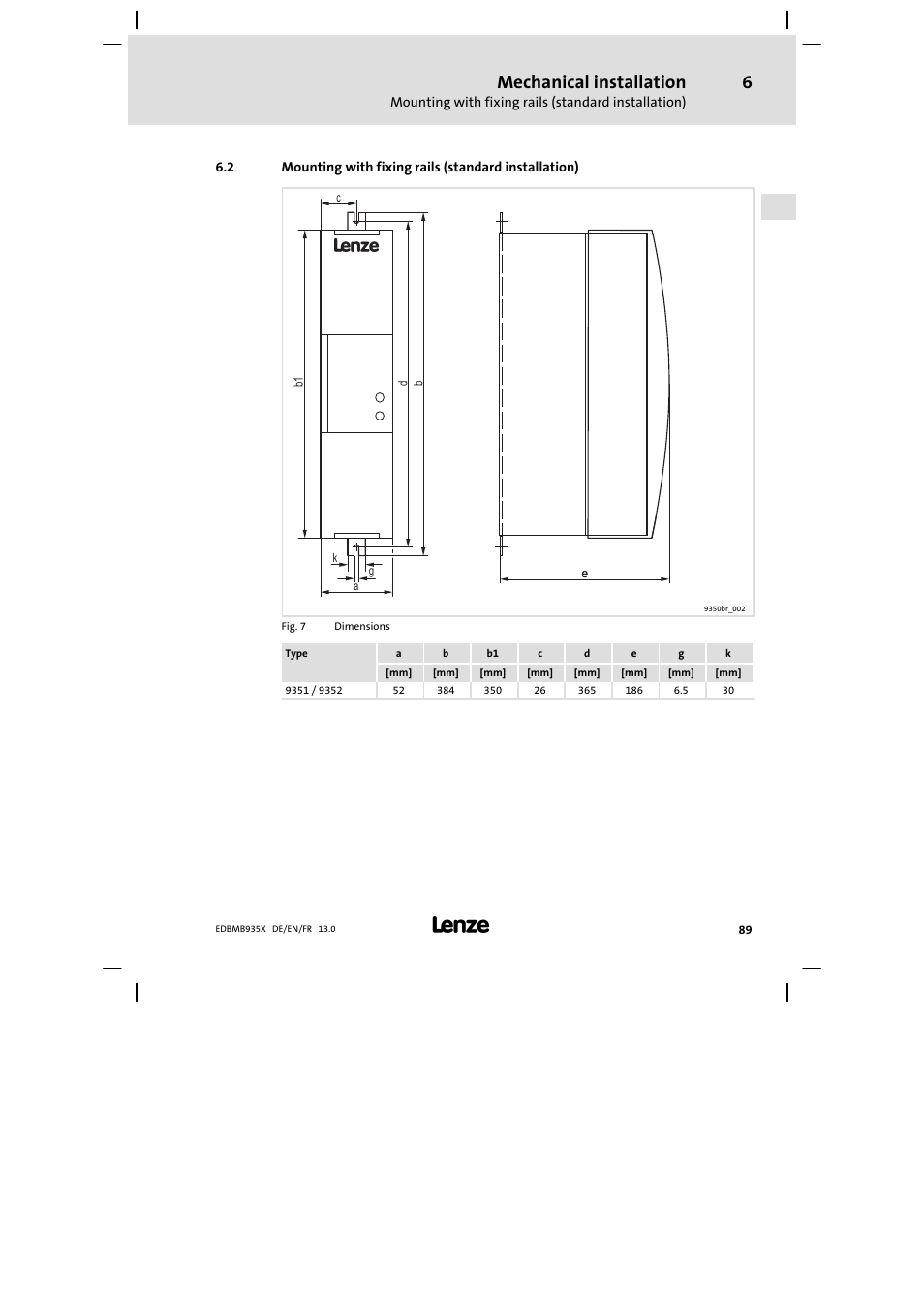 Mounting with fixing rails (standard installation), Fixed with enclosed fixing rails (see chapter 6.2, Mechanical installation | Lenze EMB9352−C User Manual | Page 89 / 174