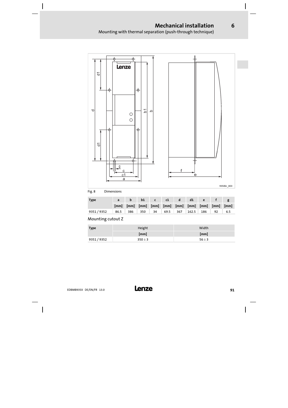 Mechanical installation | Lenze EMB9352−C User Manual | Page 91 / 174
