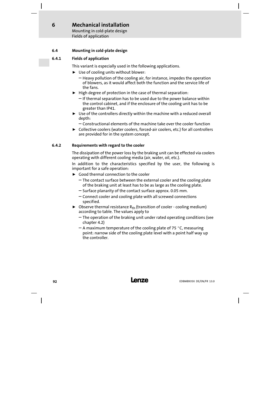 Mounting in cold-plate design, Fields of application, Requirements with regard to the cooler | Mounting in cold−plate design, Technology) (see chapter 6.4, Mechanical installation | Lenze EMB9352−C User Manual | Page 92 / 174